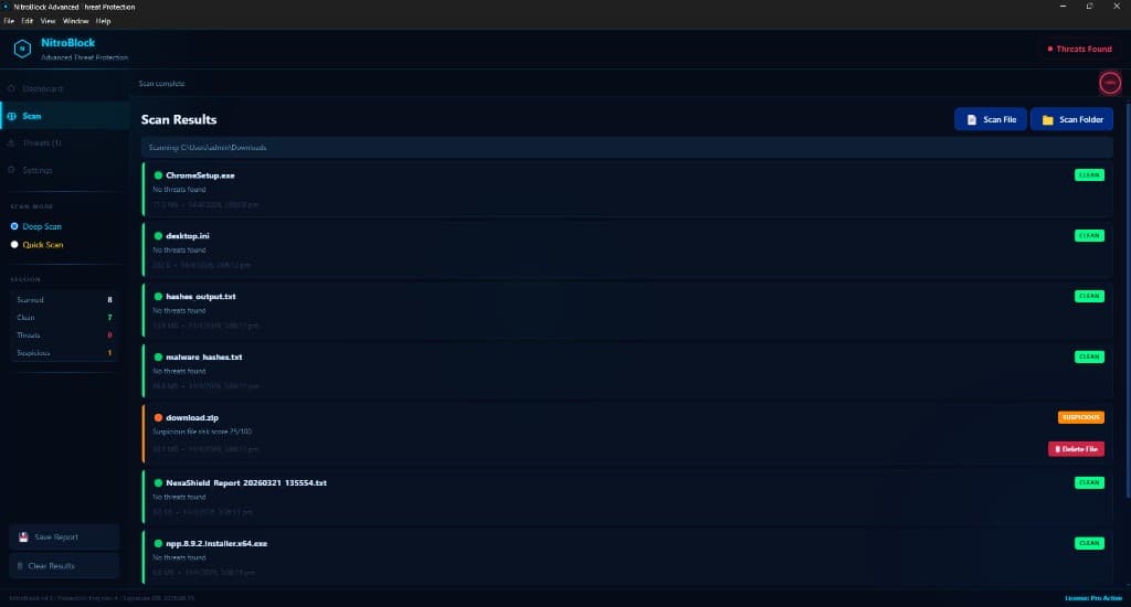 NitroBlock scan results screen