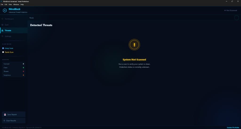 NitroBlock threats page (not scanned state)